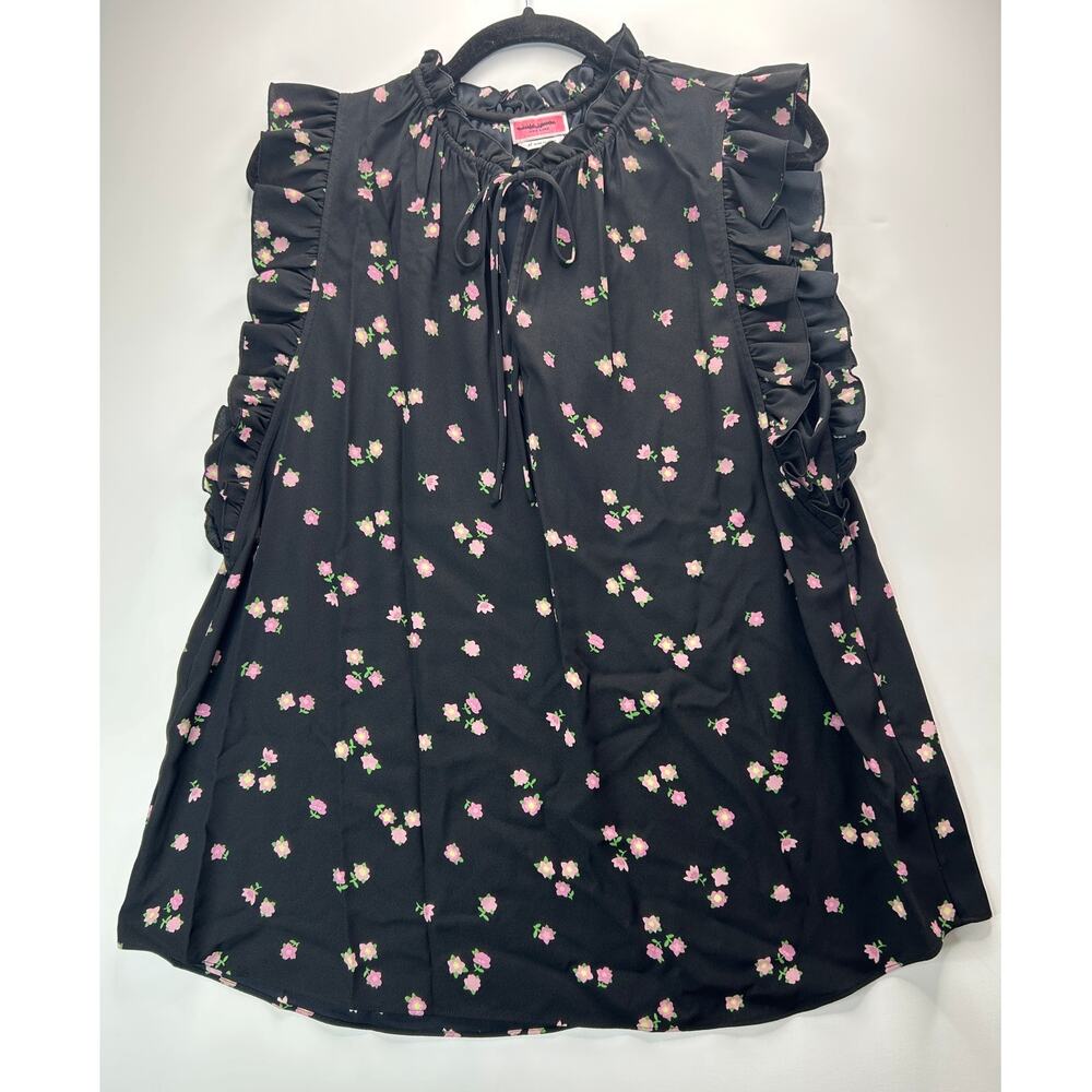 Kate Spade NY Ditsy Begonia Tie-Neck Ruffle Shell Top Black/Pink Women XL